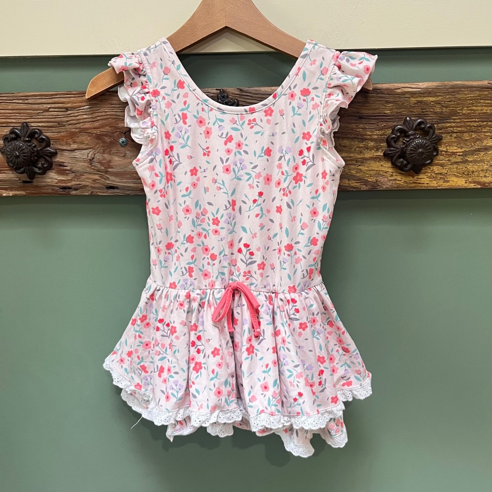 Cheeky Plum Girls Pink Floral Flutter Sleeve Ruffle Lace Leotard Dress Size 6Y